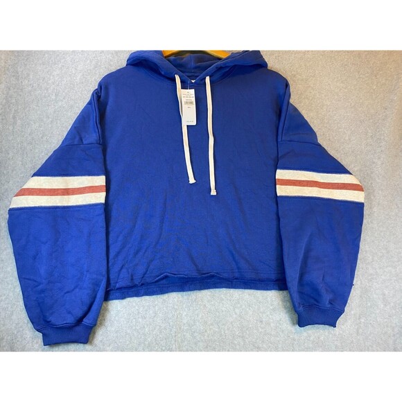 American Eagle Outfitters Cropped Boxy Hoodie Women Large Blue Fleece Drawstring - Picture 1 of 16